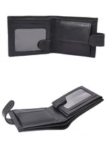 Back view of black bifold wallet with stitched border