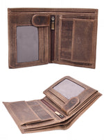 Close view of brown bifold wallet interior showing ID window and zip