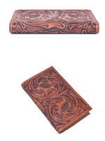 Angled and side views of floral-embossed brown long wallet