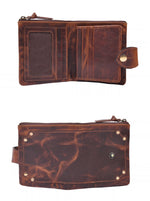 Brown wallet open showing zip compartment, card slots and clear ID window