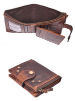 Front and back views of weathered brown snap wallet