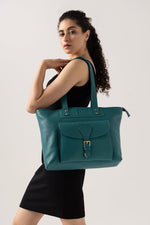 Elegant Teal Tote Bag with Front Buckle Pocket – Premium Textured Finish - Cabrini - Elegance Perfected