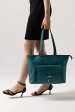 Elegant Teal Tote Bag with Front Buckle Pocket – Premium Textured Finish - Cabrini - Elegance Perfected