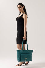 Elegant Teal Tote Bag with Front Buckle Pocket – Premium Textured Finish - Cabrini - Elegance Perfected