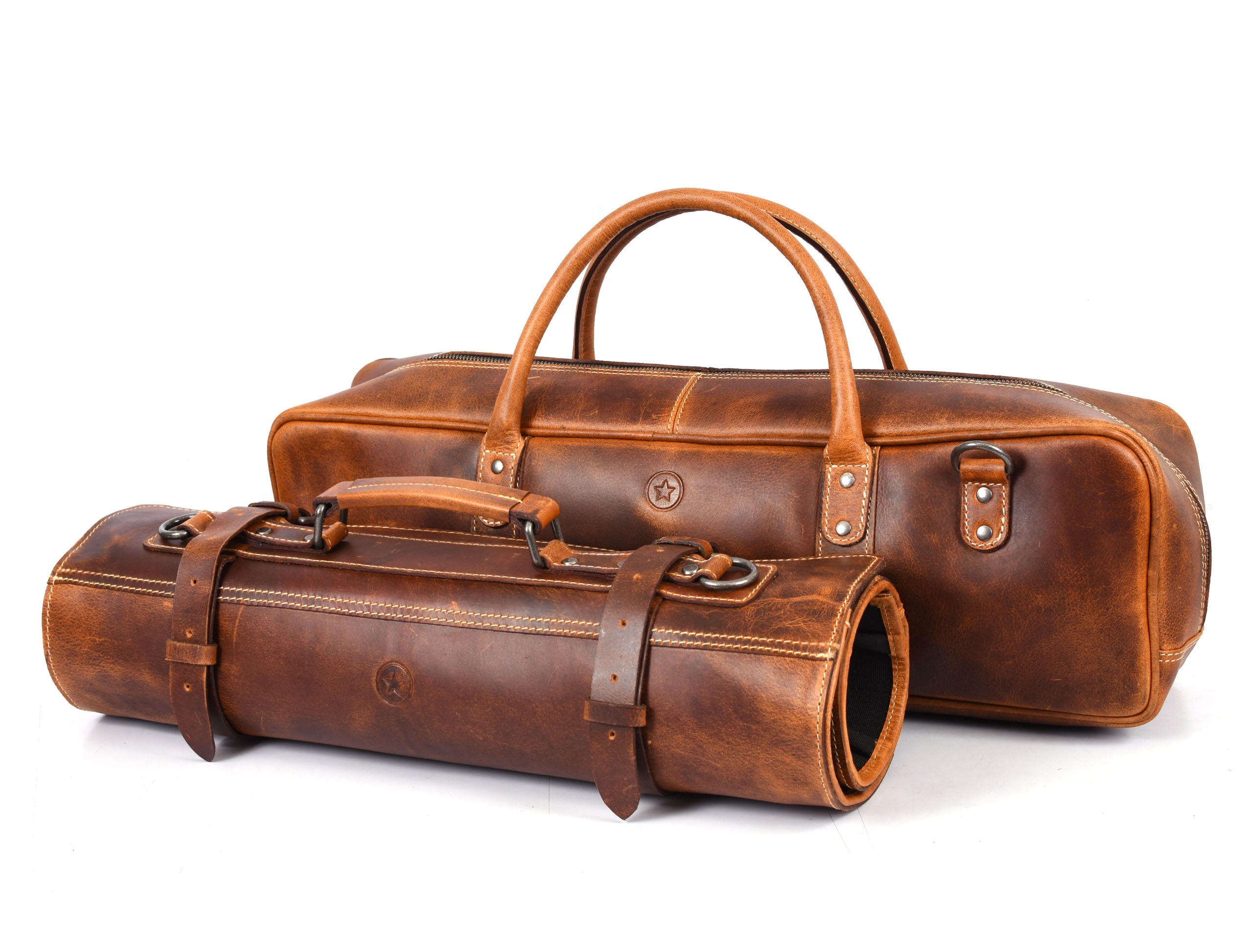 Tuscania Leather Knife Roll & Bag Combo - Caramel Brown