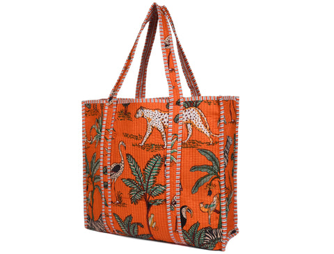 Quilted Safari  Cotton Cloth Tote Bag - Bright Orange