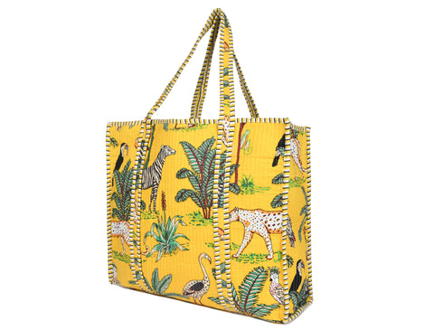 Quilted Safari  Cotton Cloth Tote  Bag - Bright Yellow