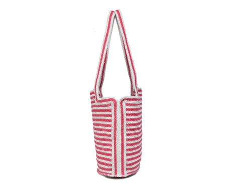 Red and White Striped Knit Jute Tote Bag