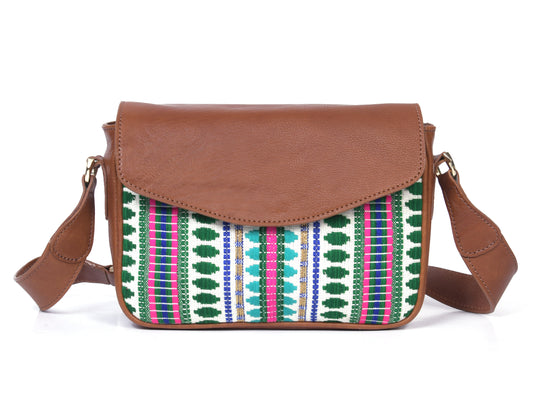 Mexico Jacquard & Leather Saddlebag Crossbody - Tan