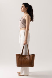 Classic Brown Tote Bag with Metal Bit Detail – Elegant Everyday Carry