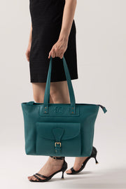 Elegant Teal Tote Bag with Front Buckle Pocket – Premium Textured Finish