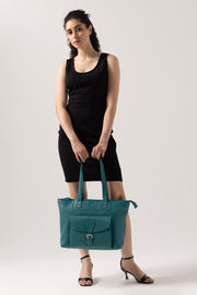 Elegant Teal Tote Bag with Front Buckle Pocket – Premium Textured Finish