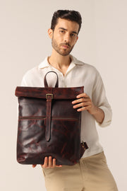 Vintage Roll-Top Leather Backpack in Rich Mahogany – Handmade Full-Grain Leather Travel & Everyday Bag
