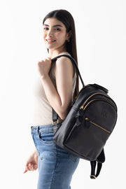 Premium Black Leather Backpack with Gold Zipper Detailing – Unisex & Stylish Design