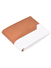 Angled view of open tan bifold wallet interior