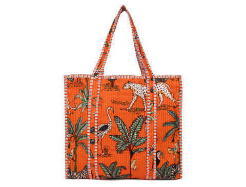 Quilted Safari  Cotton Cloth Tote Bag - Bright Orange