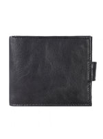 Open black bifold wallet showing flip ID window and flap pocket