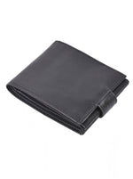 Black bifold wallet with clear ID window and interior flap pocket