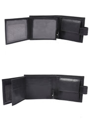 Black bifold wallet folded, showing stitched exterior and side tab