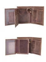 Open brown bifold wallet with flip ID window and zipped divider