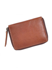 Closed tan compact zip-around card wallet with stitched exterior