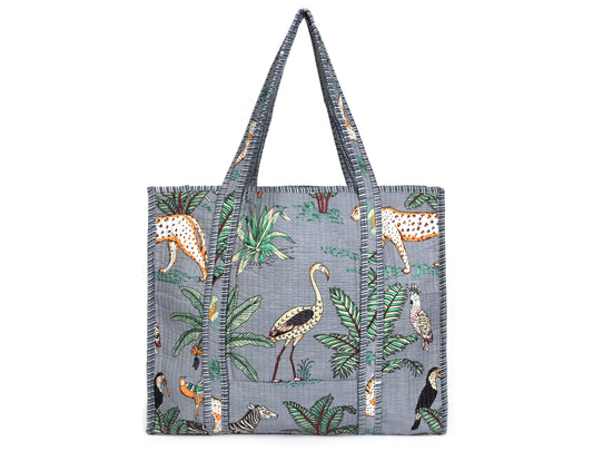 Quilted Safari Cotton Cloth Tote Bag - Grey