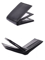 Black bifold wallet exterior and open view with ID window and zip
