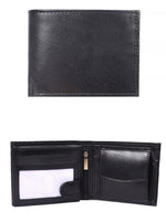 Angled black wallet showing flip-out ID panels and card slots