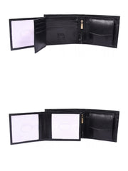 Open black bifold wallet with two clear ID windows and flap pocket