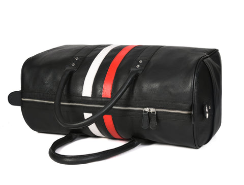 Black Leather Bag with Red and White Stripes Travel Bag