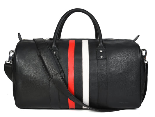 Black Leather Bag with Red and White Stripes Travel Bag