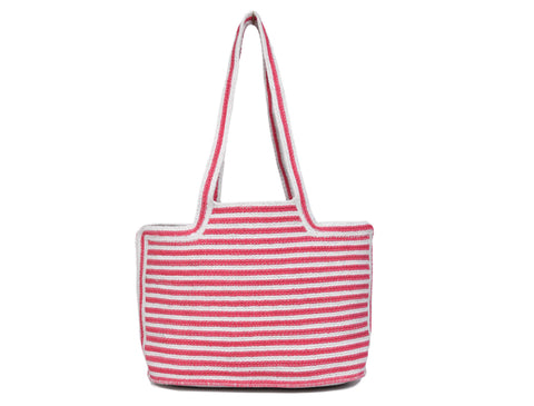 Red and White Striped Knit Jute Tote Bag