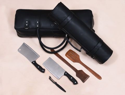 Tuscania Leather Knife Roll & Bag Combo - Raven Black