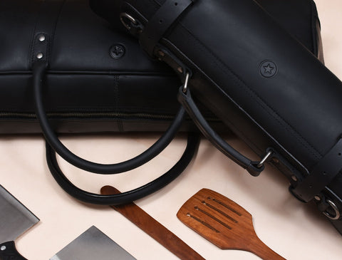 Tuscania Leather Knife Roll & Bag Combo - Raven Black