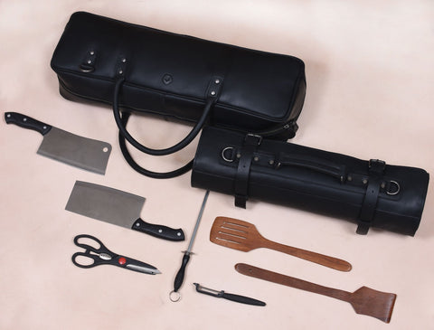 Tuscania Leather Knife Roll & Bag Combo - Raven Black