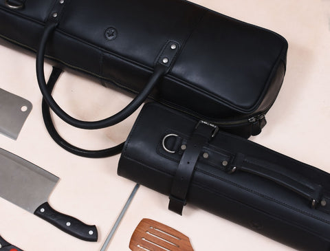 Tuscania Leather Knife Roll & Bag Combo - Raven Black