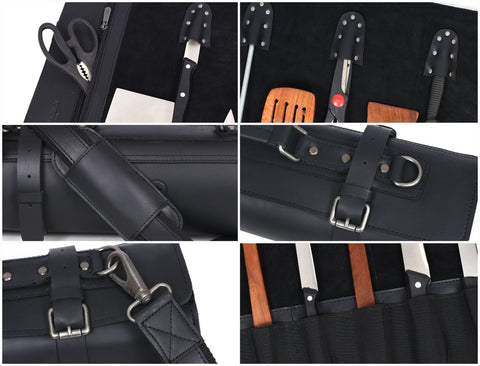 Tuscania Leather Knife Roll & Bag Combo - Raven Black