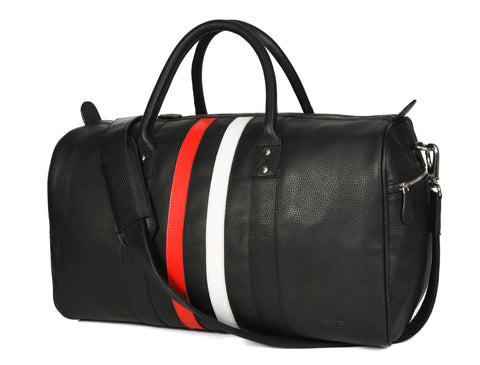 Black Leather Bag with Red and White Stripes Travel Bag