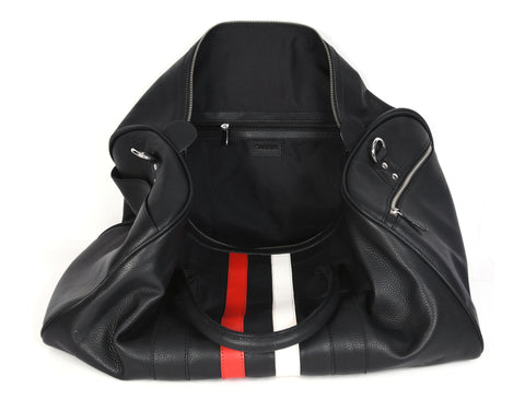 Black Leather Bag with Red and White Stripes Travel Bag