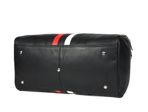 Black Leather Bag with Red and White Stripes Travel Bag