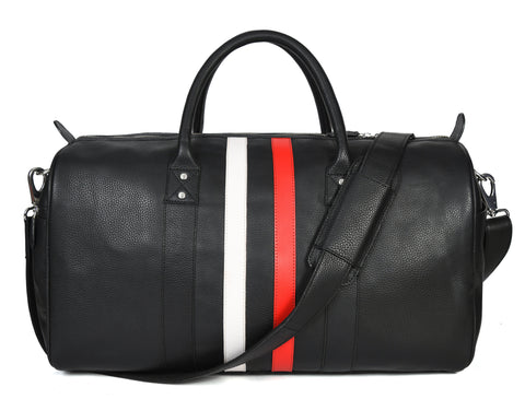 Black Leather Bag with Red and White Stripes Travel Bag