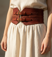 Cabrini Red Leather Belt – Double Buckle Design | Textured Brown Finish