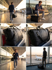 Men’s Leather Duffel Bag – Large Travel Weekender Bag with Adjustable Shoulder Strap, Dual Handles & Multiple Compartments