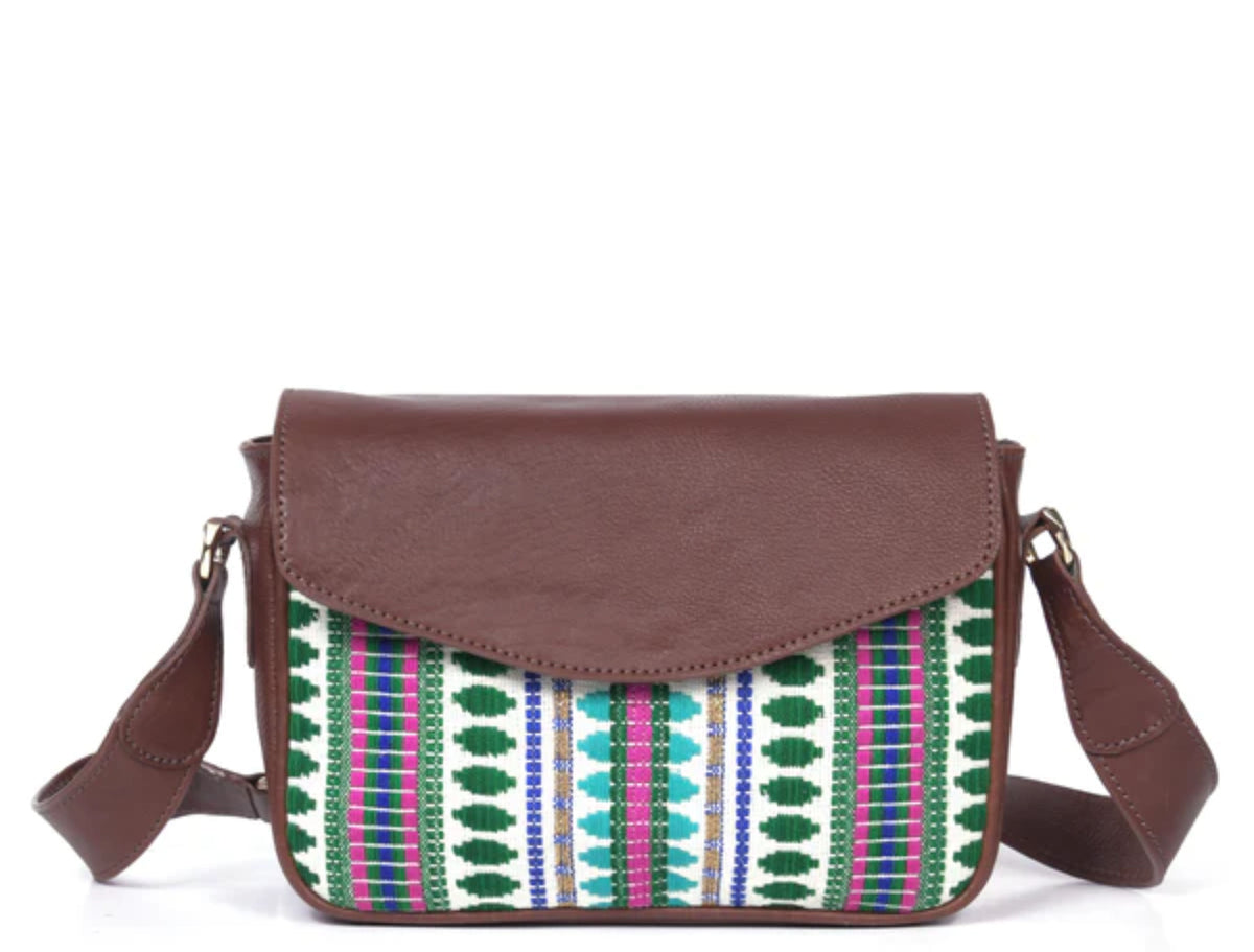 Mexico Jacquard & Leather Saddlebag Crossbody- Dark Brown