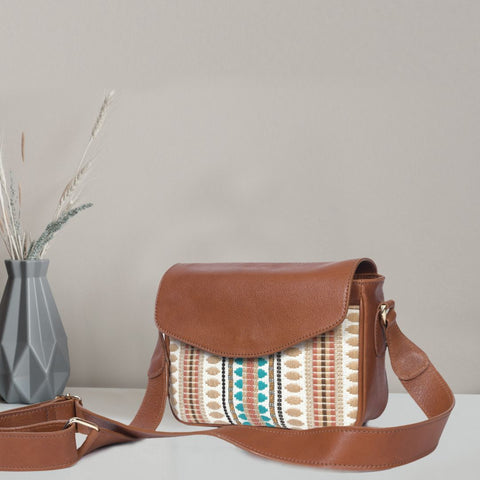 Mexico Jacquard & Leather Saddlebag Crossbody - Tan