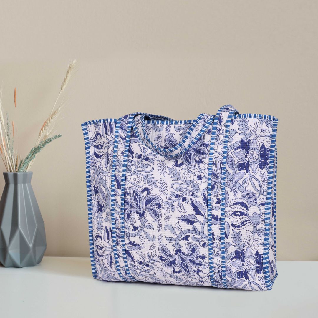 Quilted Cotton  Tote Bags - Navy