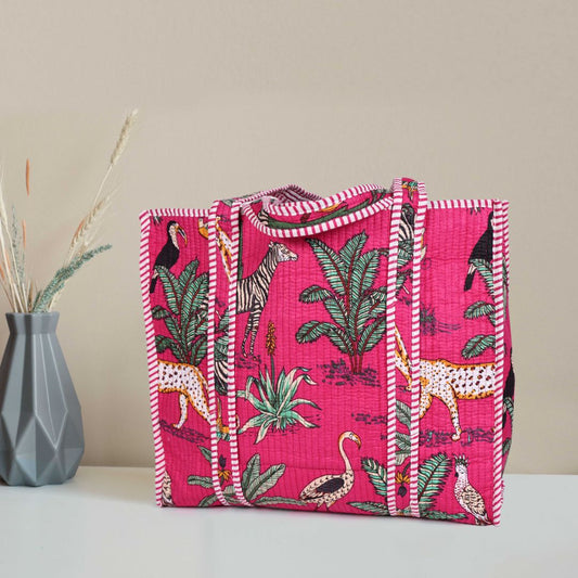 Quilted Safari  Cotton Cloth Tote Bag - Bright Pink