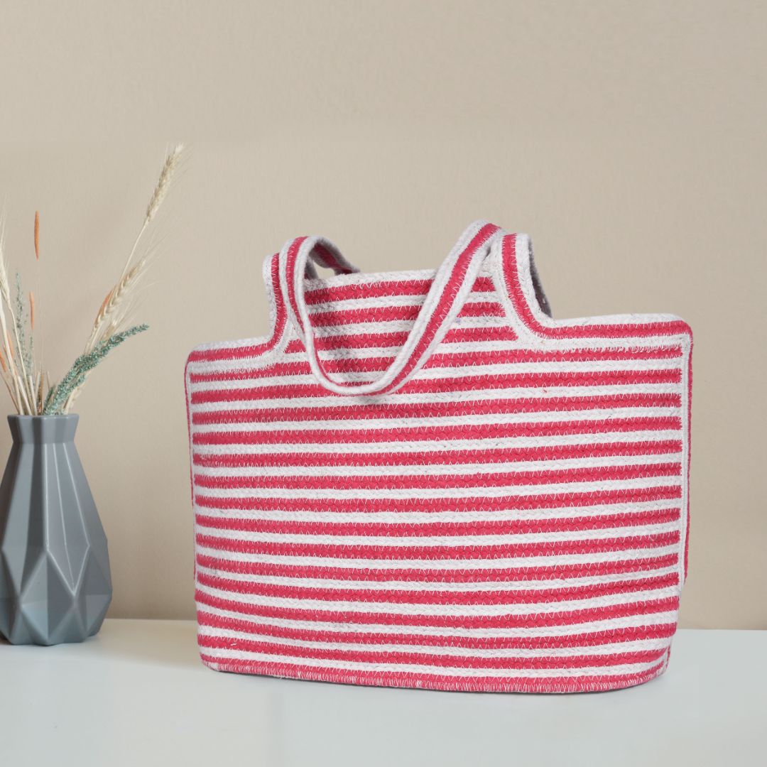 Red and White Striped Knit Jute Tote Bag