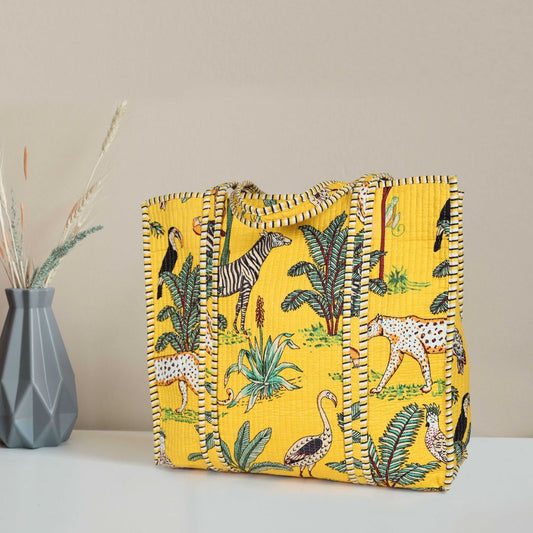 Quilted Safari  Cotton Cloth Tote  Bag - Bright Yellow