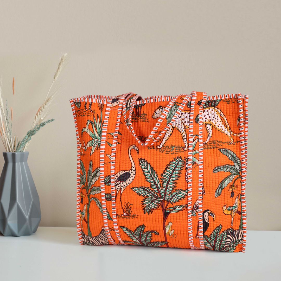 Quilted Safari  Cotton Cloth Tote Bag - Bright Orange